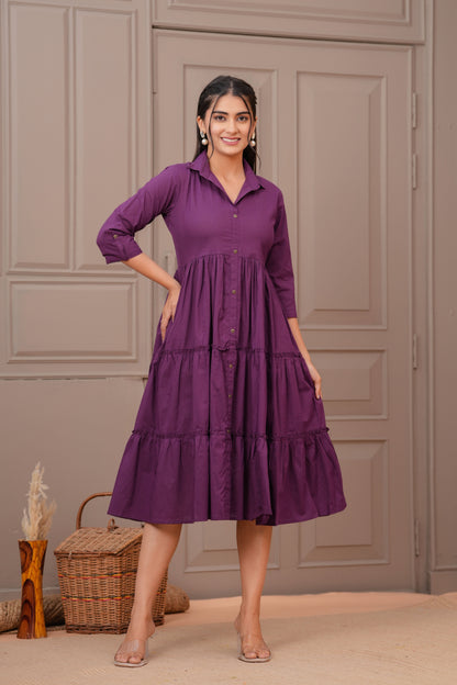 Purple Shirt Collar Casual Wear Dress for Women | LASVINI - Redefining Indian Fashion with Elegance