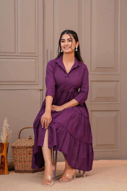 Purple Shirt Collar Casual Wear Dress for Women | LASVINI - Redefining Indian Fashion with Elegance