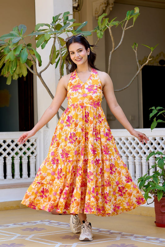 Floral Printed Pure Cotton Fit & Flare Ethnic Dress for Women | LASVINI - Redefining Indian Fashion with Elegance