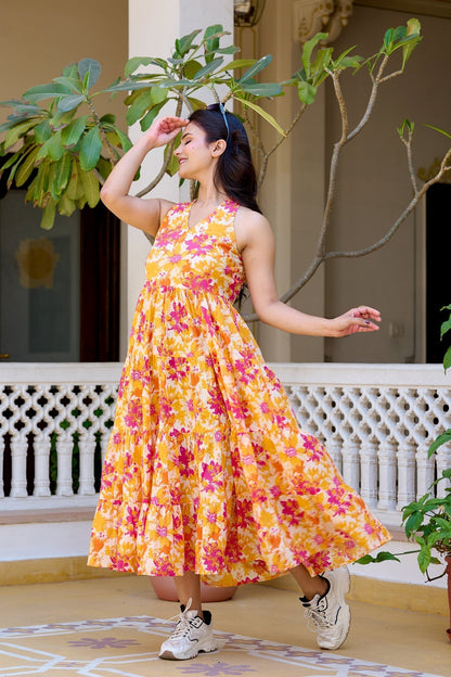 Floral Printed Pure Cotton Fit & Flare Ethnic Dress for Women | LASVINI - Redefining Indian Fashion with Elegance