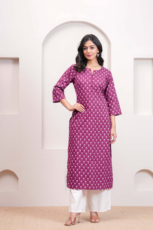 Women Purple Printed Straight Kurta with Three Quarter Sleeves | LASVINI - Redefining Indian Fashion with Elegance