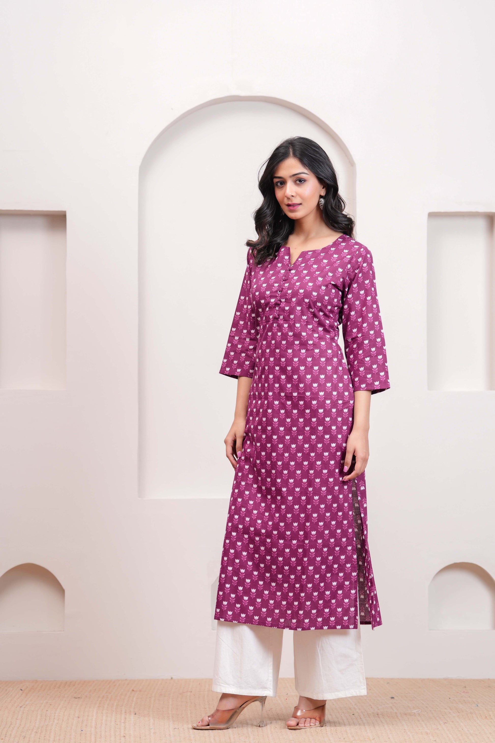 Women Purple Printed Straight Kurta with Three Quarter Sleeves | LASVINI - Redefining Indian Fashion with Elegance