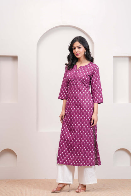 Women Purple Printed Straight Kurta with Three Quarter Sleeves | LASVINI - Redefining Indian Fashion with Elegance