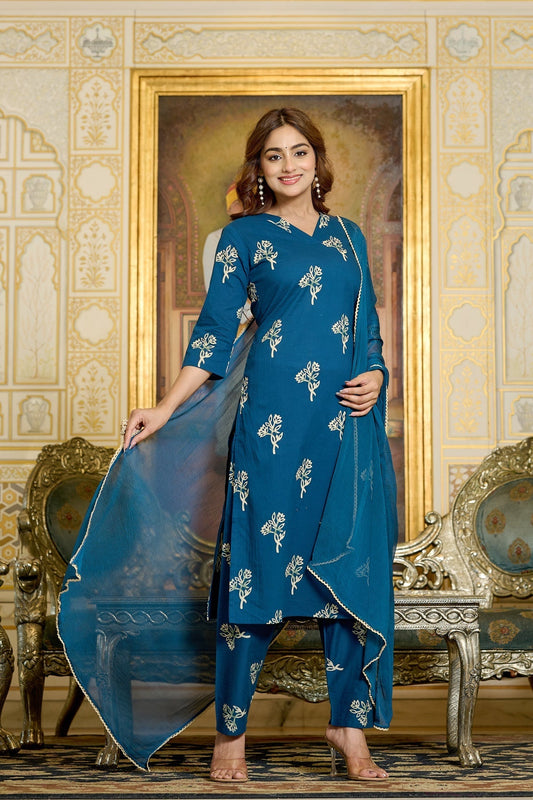 Women Teal Printed Kurts & Trouser with Dupatta | LASVINI - Redefining Indian Fashion with Elegance