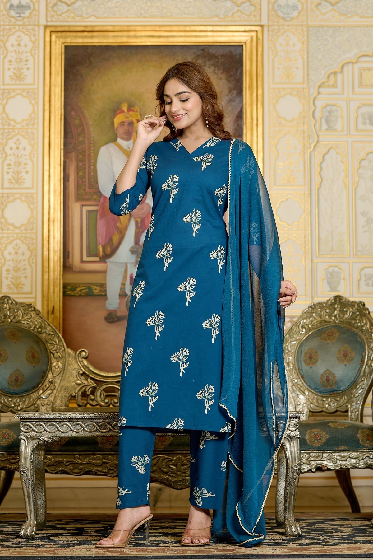 Women Teal Printed Kurts & Trouser with Dupatta | LASVINI - Redefining Indian Fashion with Elegance