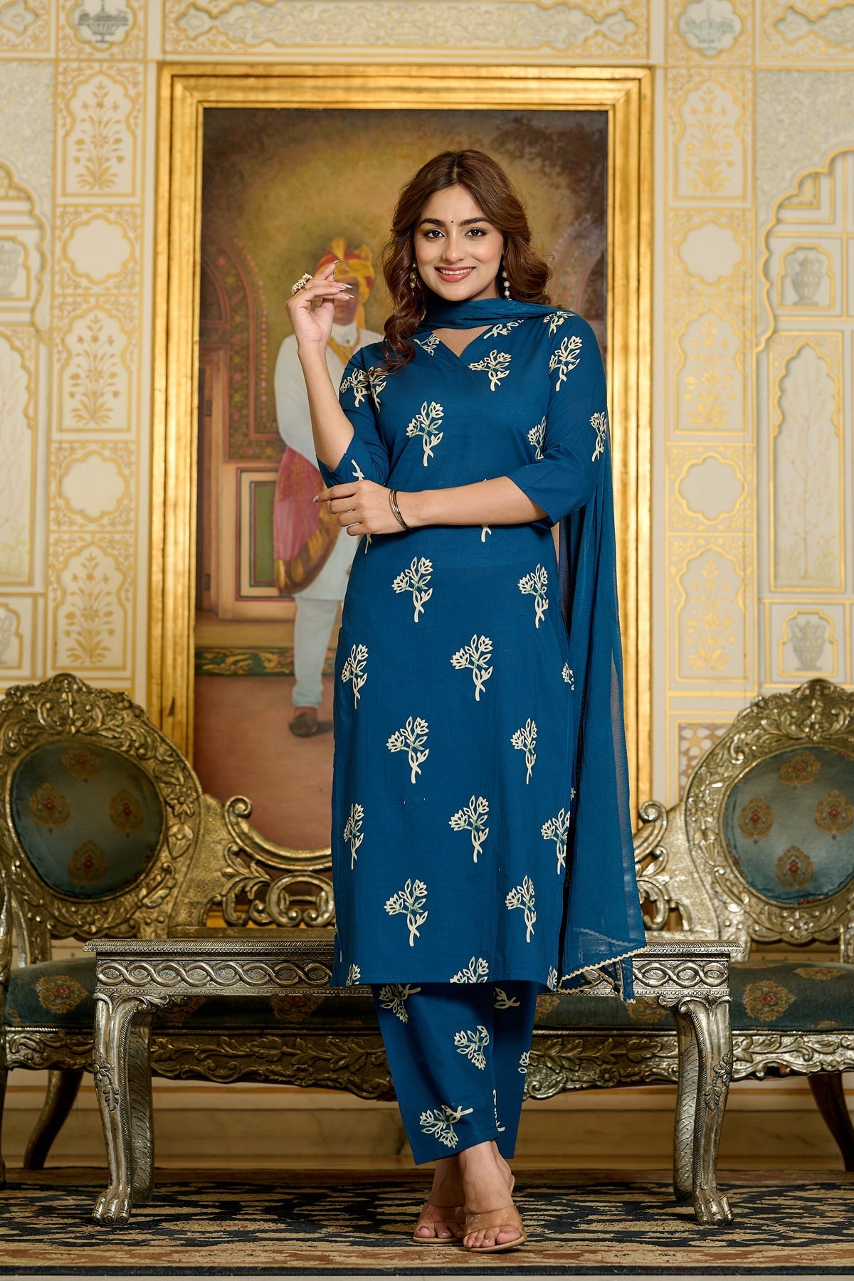 Women Teal Printed Kurts & Trouser with Dupatta | LASVINI - Redefining Indian Fashion with Elegance