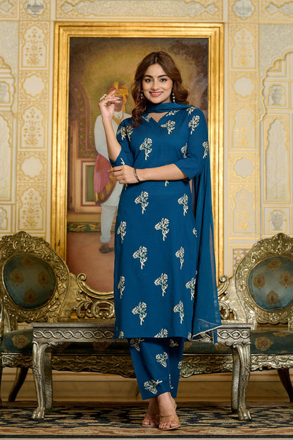 Women Teal Printed Kurts & Trouser with Dupatta | LASVINI - Redefining Indian Fashion with Elegance