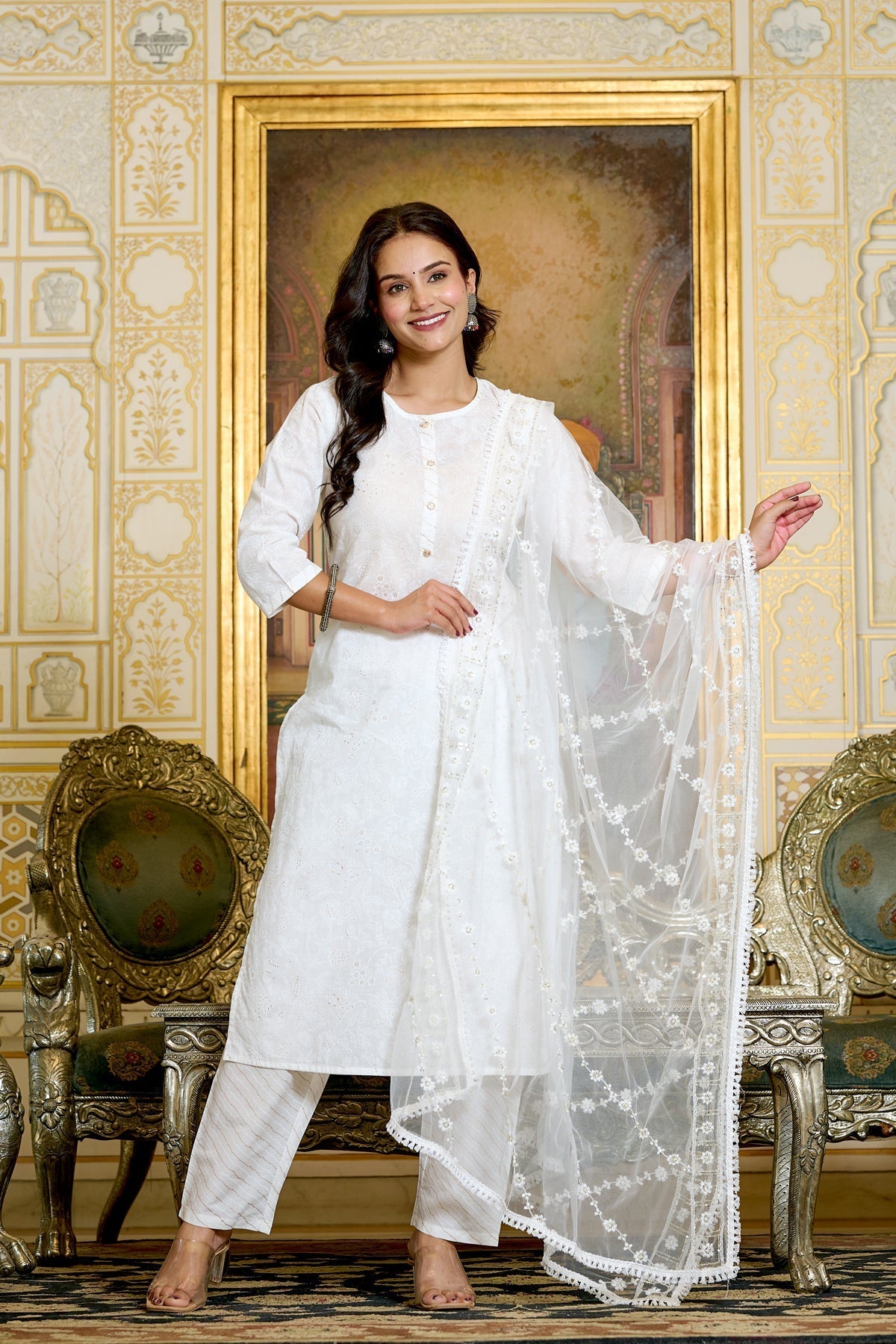 Women Gold Printed Kurts & Trouser with Embroidered Dupatta | LASVINI - Redefining Indian Fashion with Elegance