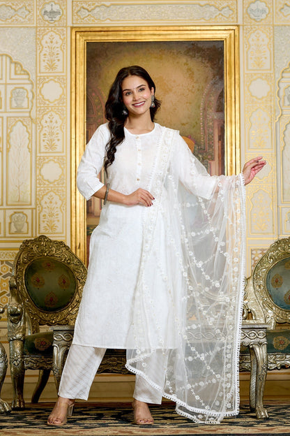 Women Gold Printed Kurts & Trouser with Embroidered Dupatta | LASVINI - Redefining Indian Fashion with Elegance