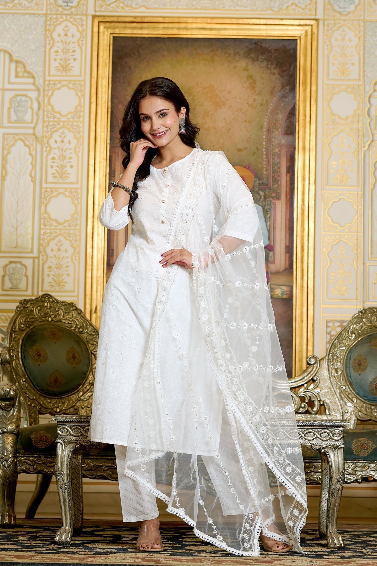 Women Gold Printed Kurts & Trouser with Embroidered Dupatta | LASVINI - Redefining Indian Fashion with Elegance