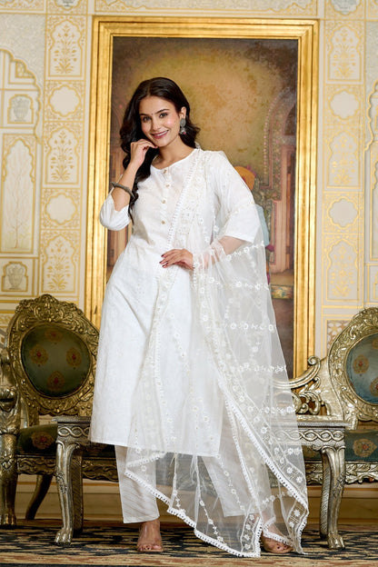 Women Gold Printed Kurts & Trouser with Embroidered Dupatta | LASVINI - Redefining Indian Fashion with Elegance