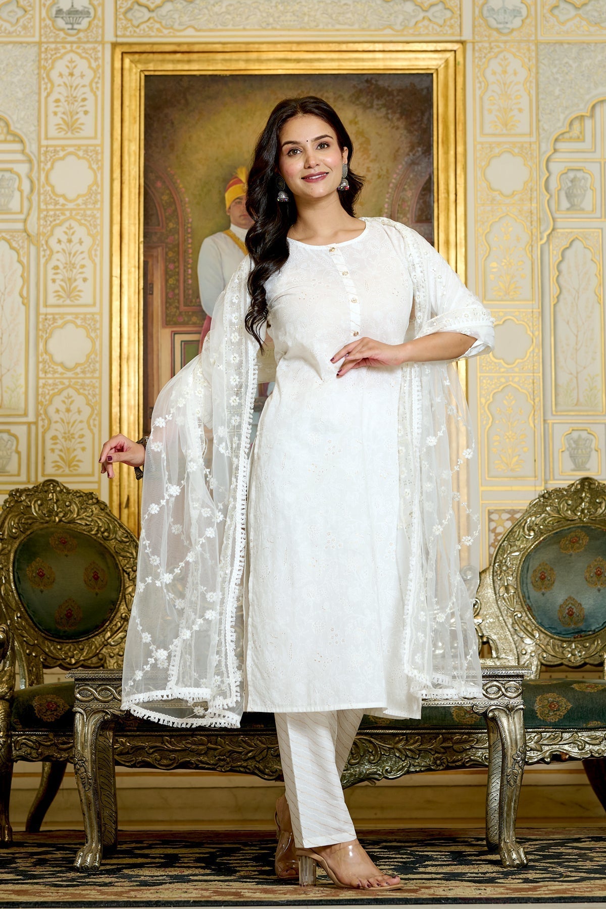 Women Gold Printed Kurts & Trouser with Embroidered Dupatta | LASVINI - Redefining Indian Fashion with Elegance