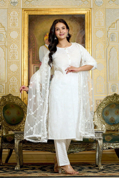 Women Gold Printed Kurts & Trouser with Embroidered Dupatta | LASVINI - Redefining Indian Fashion with Elegance