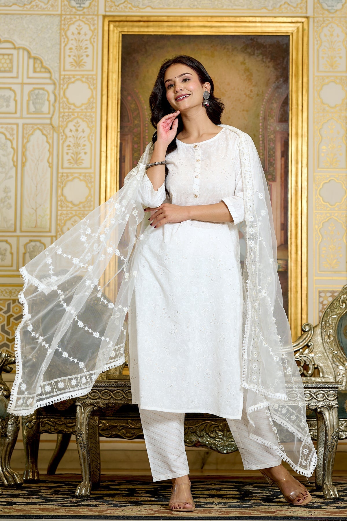 Women Gold Printed Kurts & Trouser with Embroidered Dupatta | LASVINI - Redefining Indian Fashion with Elegance