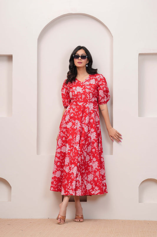Red Floral Printed Flared Dress for Women | LASVINI - Redefining Indian Fashion with Elegance