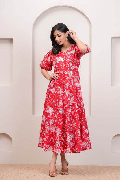 Red Floral Printed Flared Dress for Women | LASVINI - Redefining Indian Fashion with Elegance