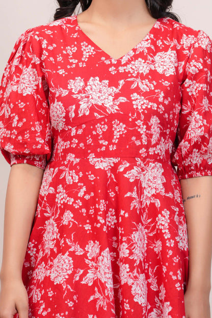 Red Floral Printed Flared Dress for Women | LASVINI - Redefining Indian Fashion with Elegance