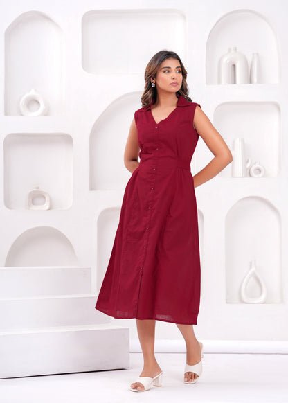 Solid Maroon Notched Collar Dress for Women | LASVINI - Redefining Indian Fashion with Elegance