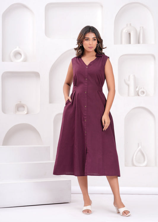 Solid Burgundy Notched Collar Dress for Women | LASVINI - Redefining Indian Fashion with Elegance