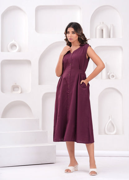 Solid Burgundy Notched Collar Dress for Women | LASVINI - Redefining Indian Fashion with Elegance