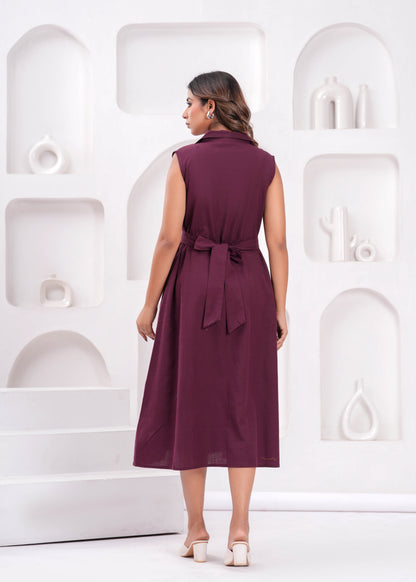 Solid Burgundy Notched Collar Dress for Women | LASVINI - Redefining Indian Fashion with Elegance