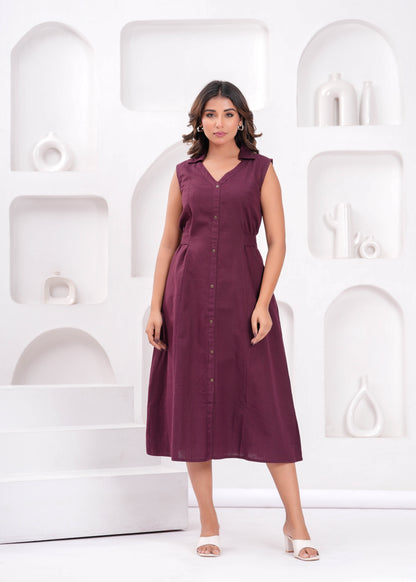 Solid Burgundy Notched Collar Dress for Women | LASVINI - Redefining Indian Fashion with Elegance