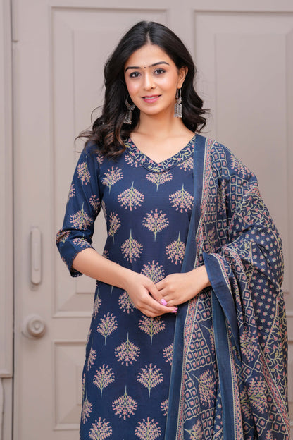 Navy Blue Printed Straight Kurta Set With Dupatta for Women | LASVINI - Redefining Indian Fashion with Elegance