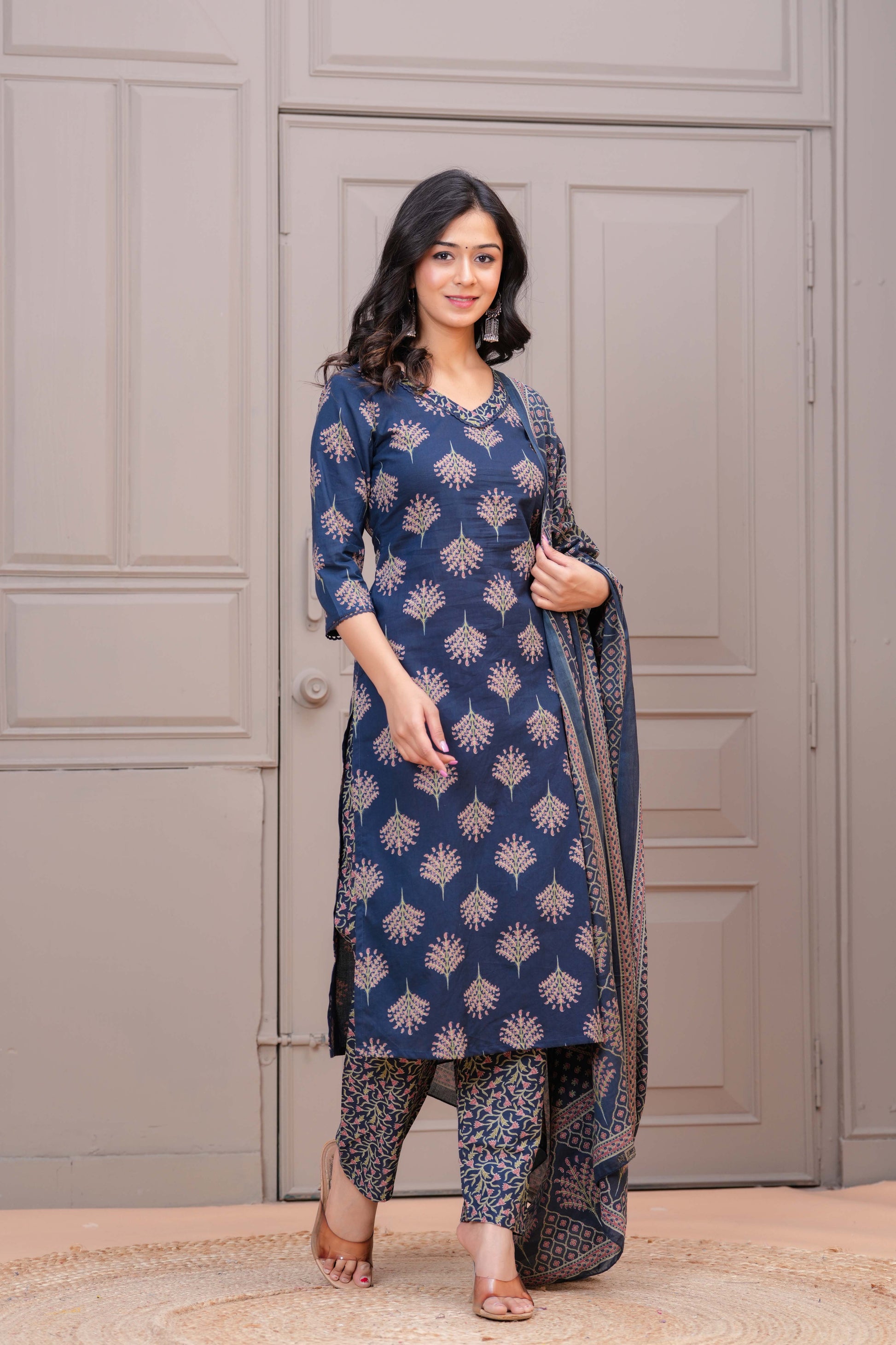 Navy Blue Printed Straight Kurta Set With Dupatta for Women | LASVINI - Redefining Indian Fashion with Elegance