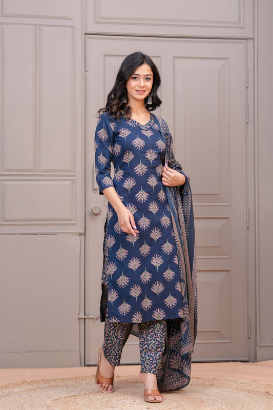 Navy Blue Printed Straight Kurta Set With Dupatta for Women | LASVINI - Redefining Indian Fashion with Elegance
