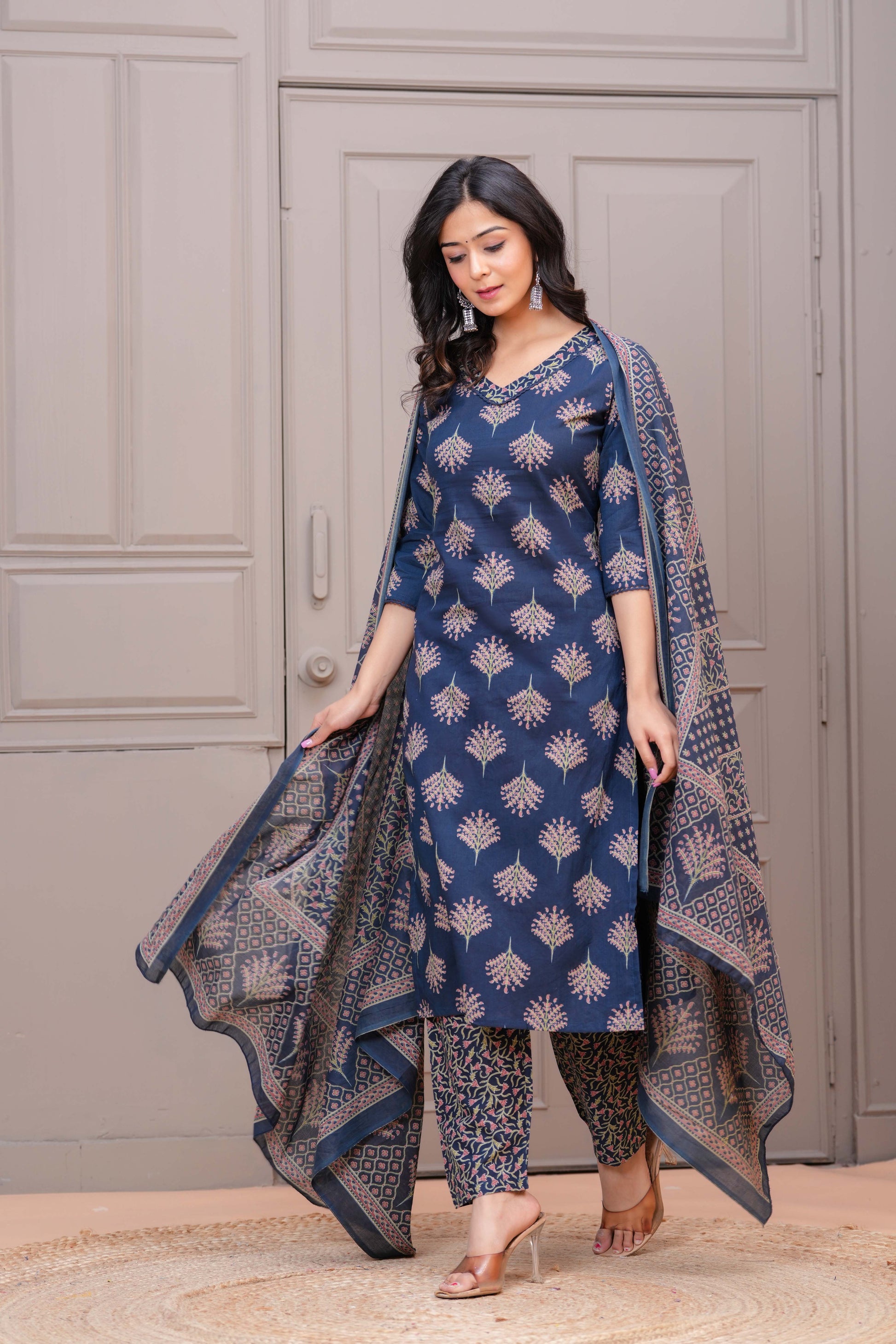 Navy Blue Printed Straight Kurta Set With Dupatta for Women | LASVINI - Redefining Indian Fashion with Elegance