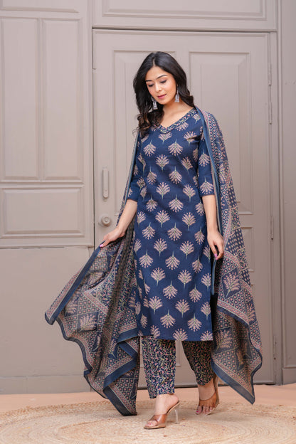 Navy Blue Printed Straight Kurta Set With Dupatta for Women | LASVINI - Redefining Indian Fashion with Elegance