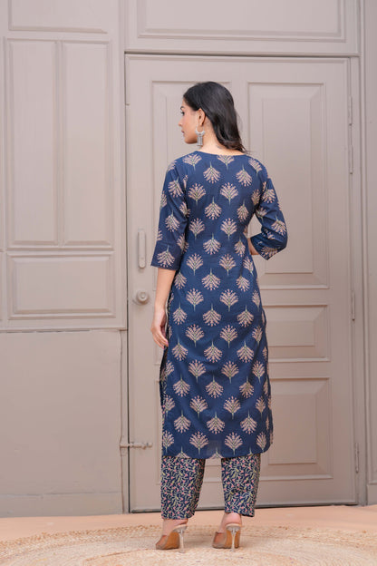 Navy Blue Printed Straight Kurta Set With Dupatta for Women | LASVINI - Redefining Indian Fashion with Elegance