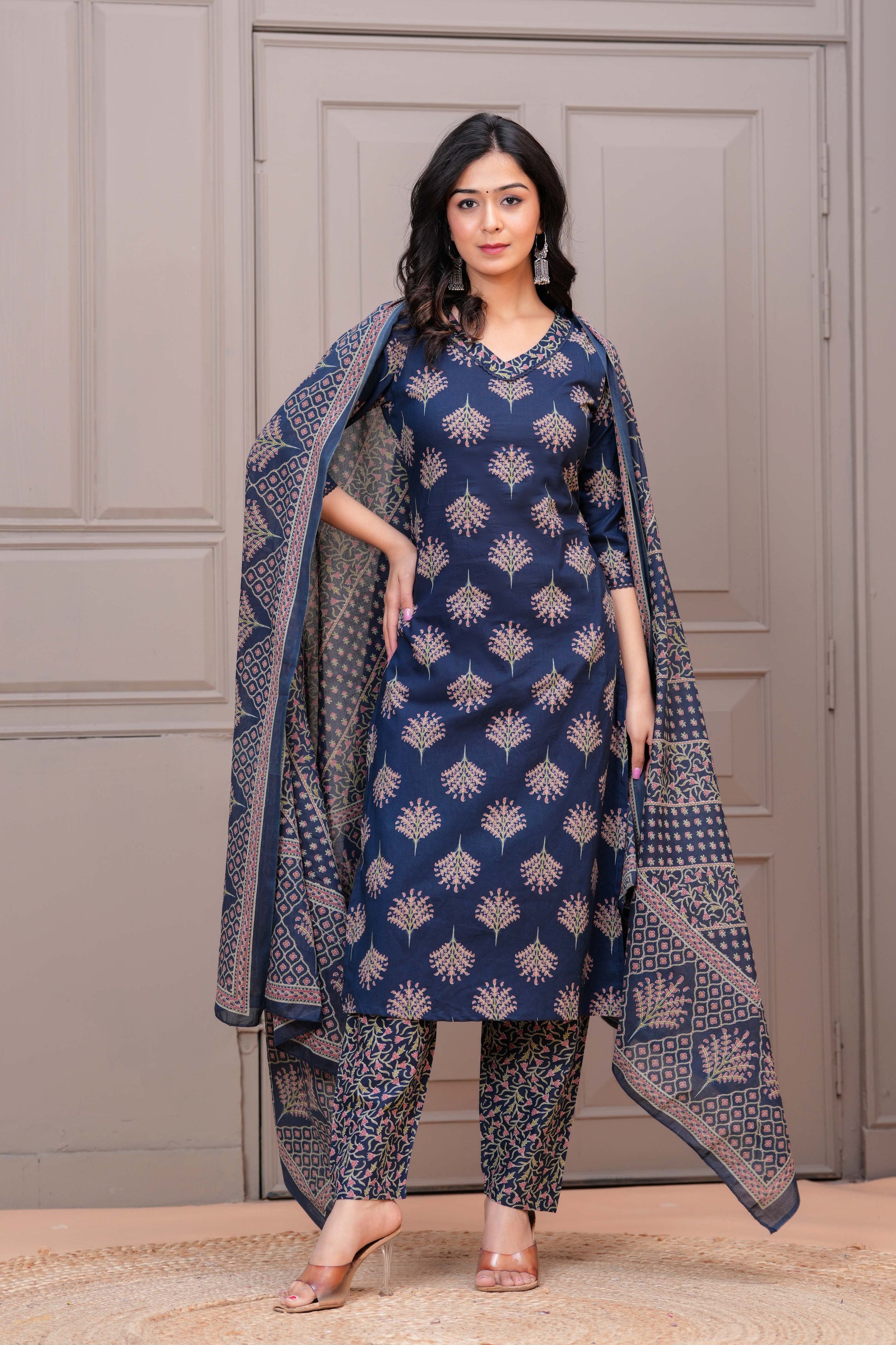 Navy Blue Printed Straight Kurta Set With Dupatta for Women | LASVINI - Redefining Indian Fashion with Elegance