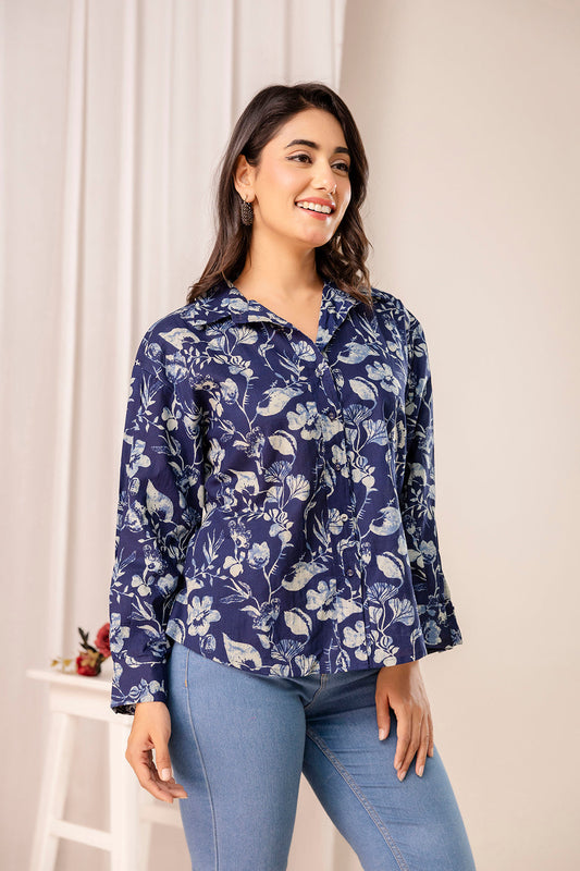 Blue Floral Printed Shirt for Women | LASVINI - Redefining Indian Fashion with Elegance