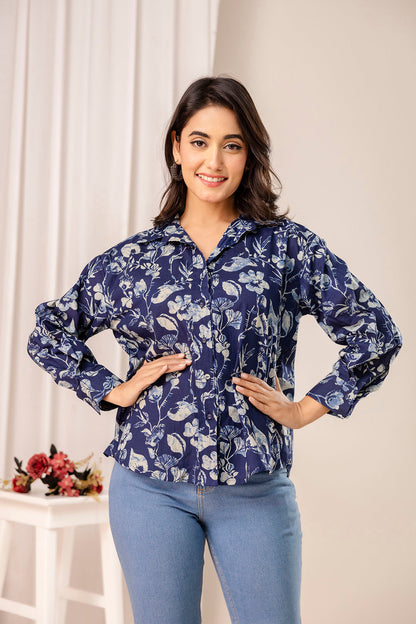 Blue Floral Printed Shirt for Women | LASVINI - Redefining Indian Fashion with Elegance