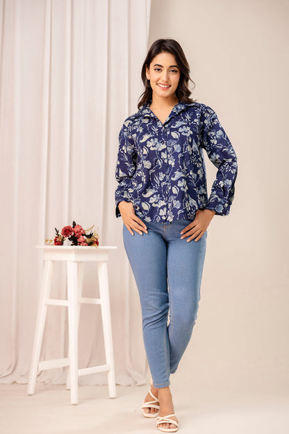 Blue Floral Printed Shirt for Women | LASVINI - Redefining Indian Fashion with Elegance