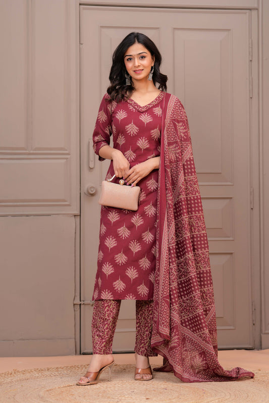 Maroon Printed Straight Kurta Set With Dupatta for Women | LASVINI - Redefining Indian Fashion with Elegance