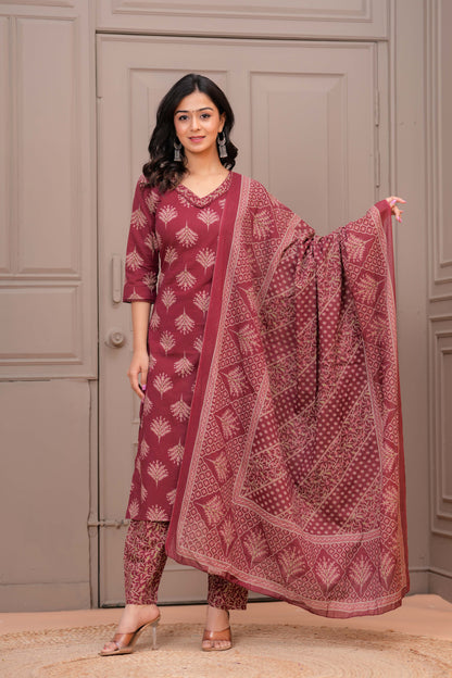 Maroon Printed Straight Kurta Set With Dupatta for Women | LASVINI - Redefining Indian Fashion with Elegance