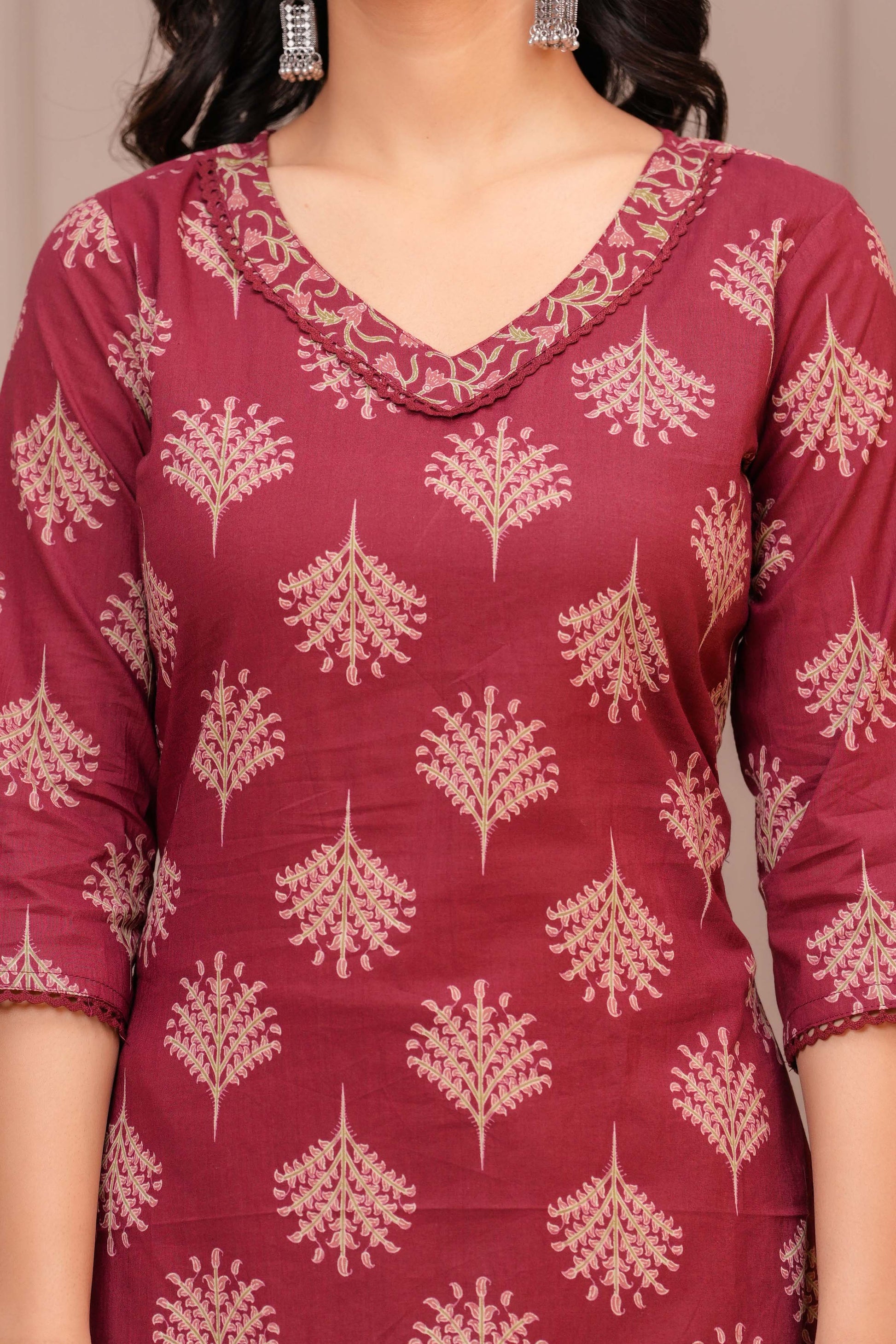 Maroon Printed Straight Kurta Set With Dupatta for Women | LASVINI - Redefining Indian Fashion with Elegance