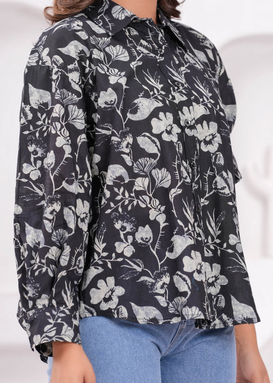 Women Black Printed Shirt Style Top | LASVINI - Redefining Indian Fashion with Elegance