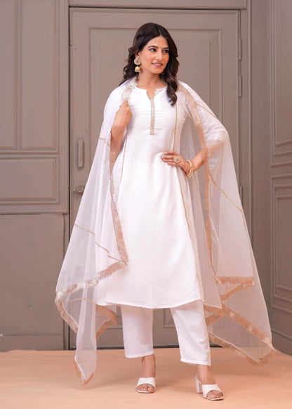 White Solid Kurta Set with Dupatta for Women | LASVINI - Redefining Indian Fashion with Elegance