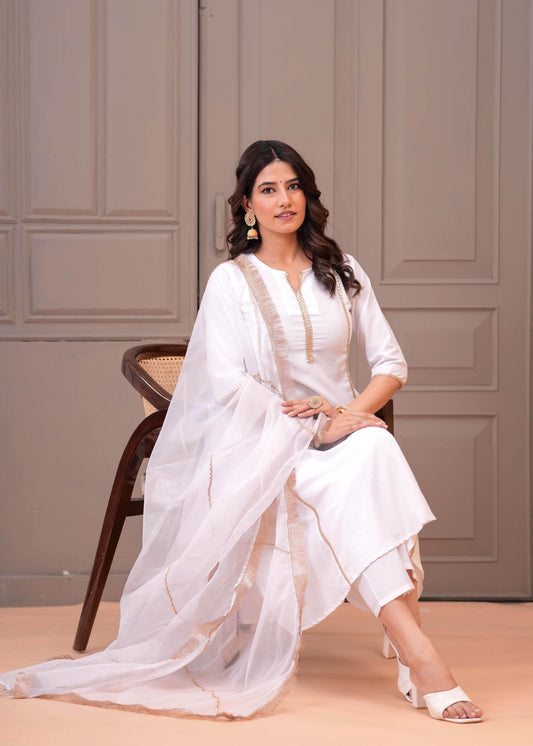 White Solid Kurta Set with Dupatta for Women | LASVINI - Redefining Indian Fashion with Elegance