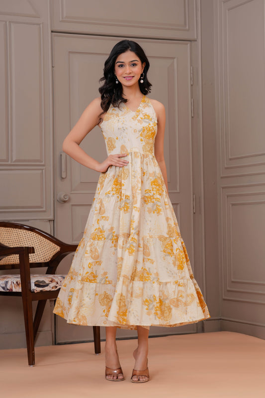 Printed Mustered Halter Neck Dress for Women | LASVINI - Redefining Indian Fashion with Elegance