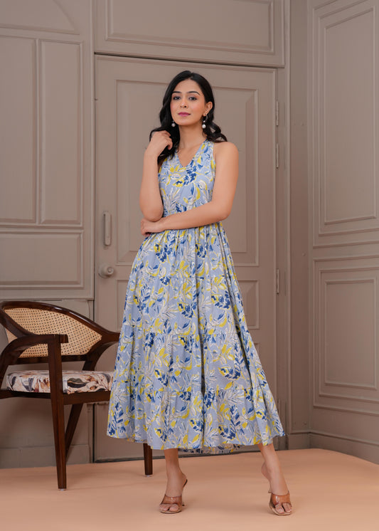 Printed Blue Halter Neck Dress for Women | LASVINI - Redefining Indian Fashion with Elegance