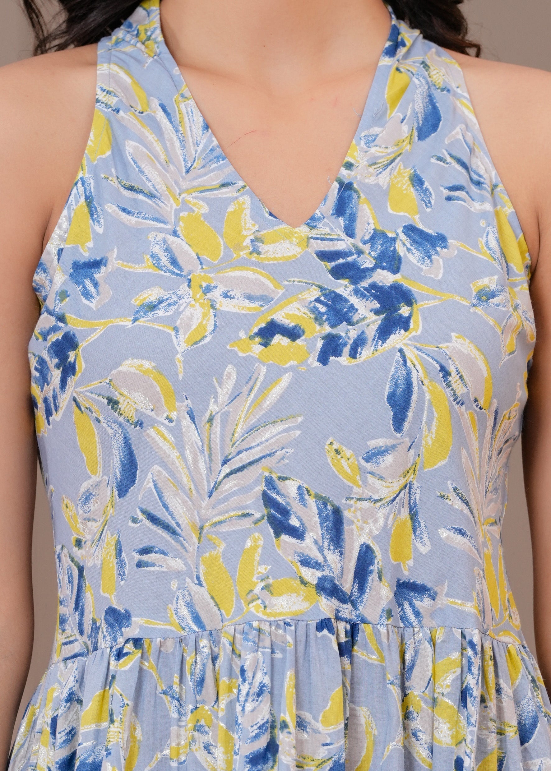 Printed Blue Halter Neck Dress for Women | LASVINI - Redefining Indian Fashion with Elegance