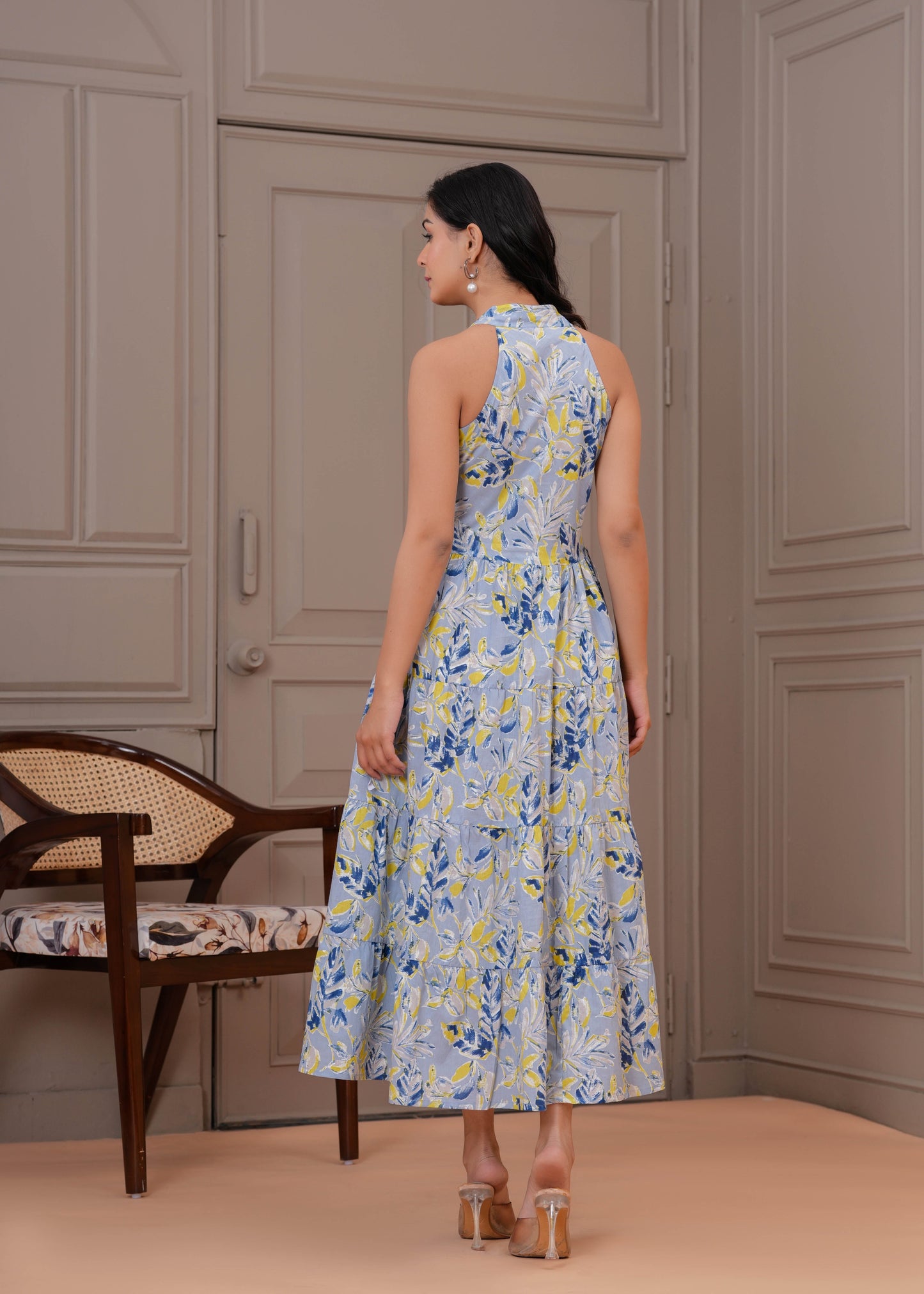 Printed Blue Halter Neck Dress for Women | LASVINI - Redefining Indian Fashion with Elegance