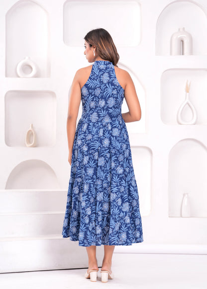 Blue Floral Printed Maxi Dress for Women | LASVINI - Redefining Indian Fashion with Elegance