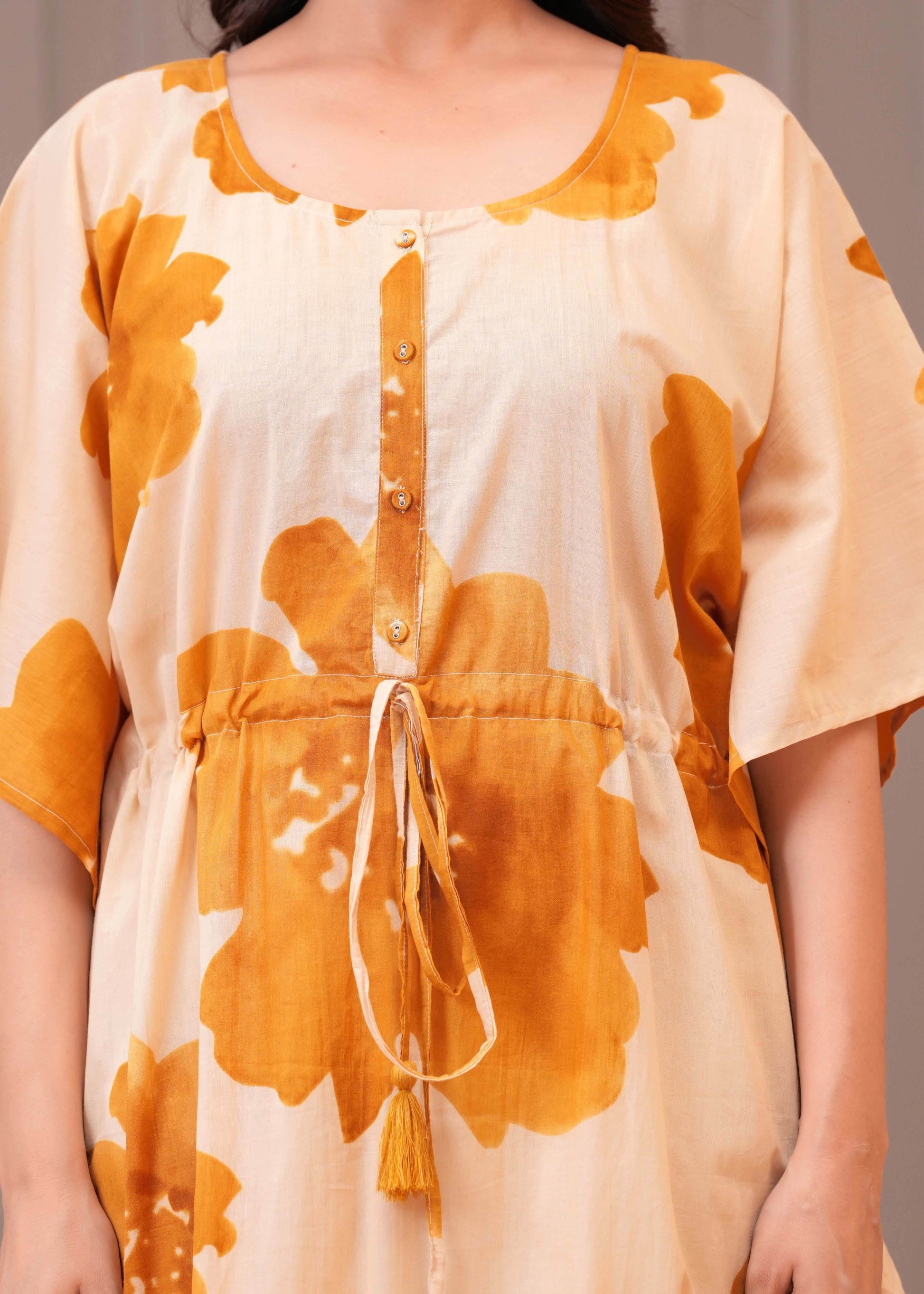 Mustard Floral Printed Kaftaan Maternity Dress for Women | LASVINI - Redefining Indian Fashion with Elegance