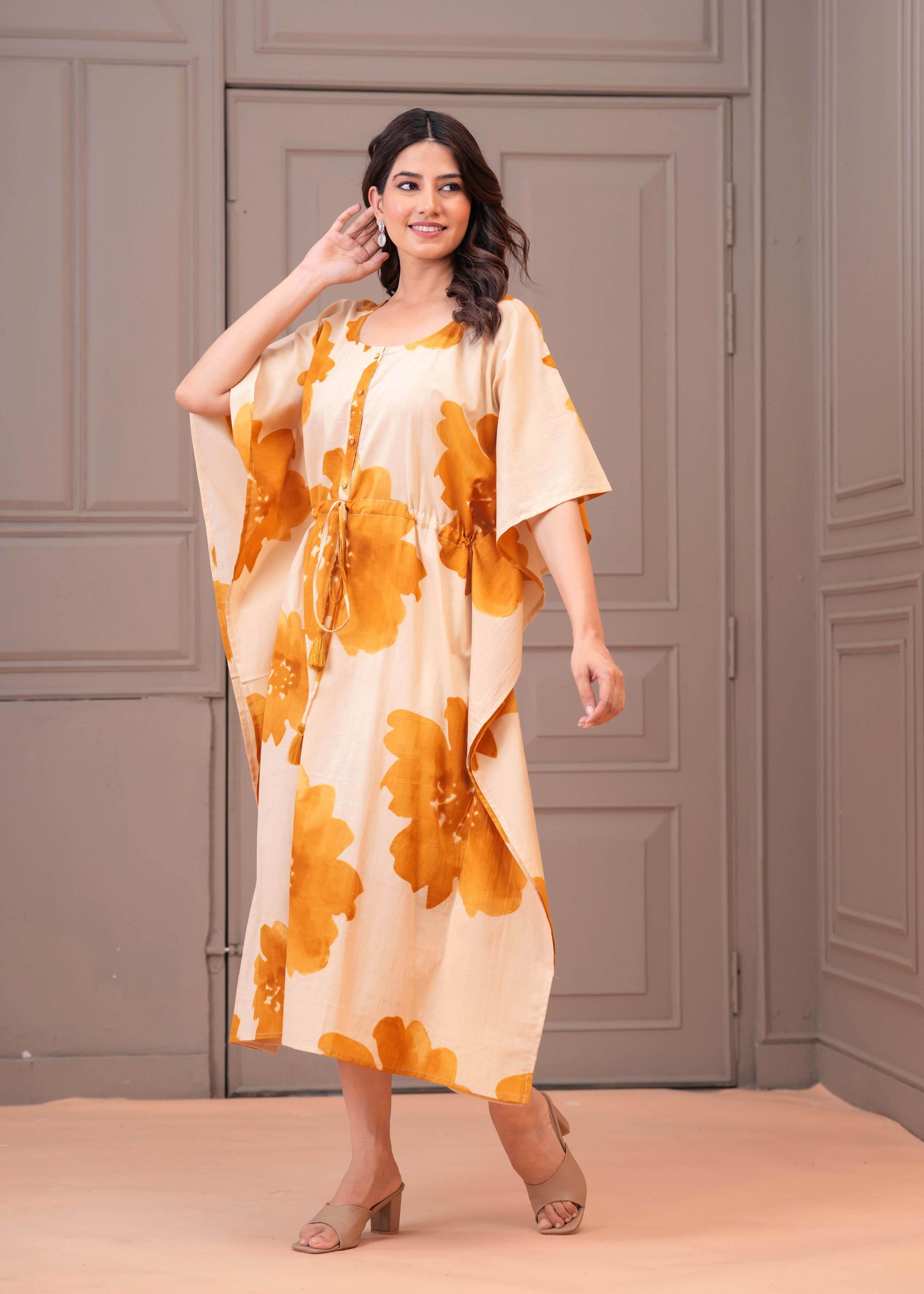 Mustard Floral Printed Kaftaan Maternity Dress for Women | LASVINI - Redefining Indian Fashion with Elegance