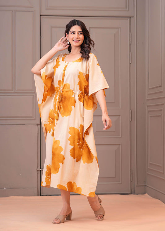 Mustard Floral Printed Kaftaan Maternity Dress for Women | LASVINI - Redefining Indian Fashion with Elegance